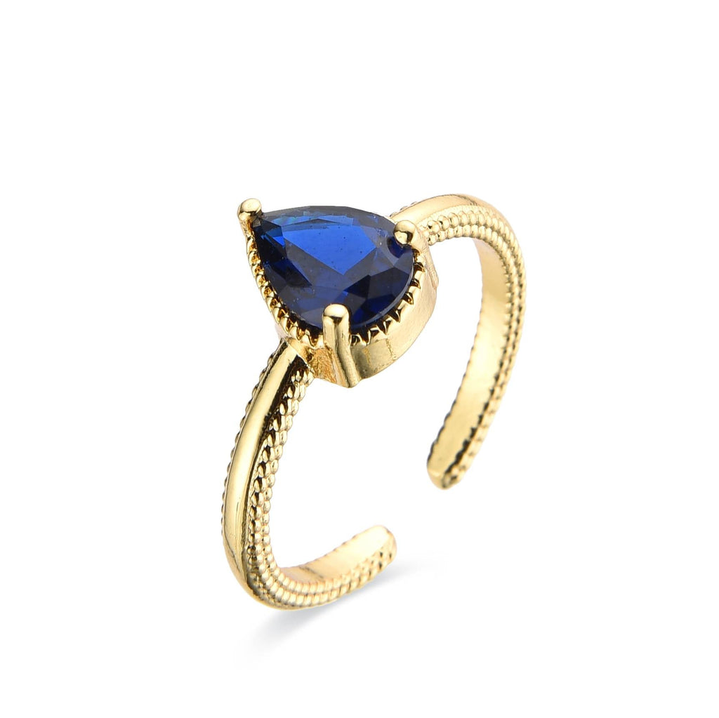 Ring Gold Fashion with Teardrop Zircon: Style Deep Blue.-Rings-NEW WEI