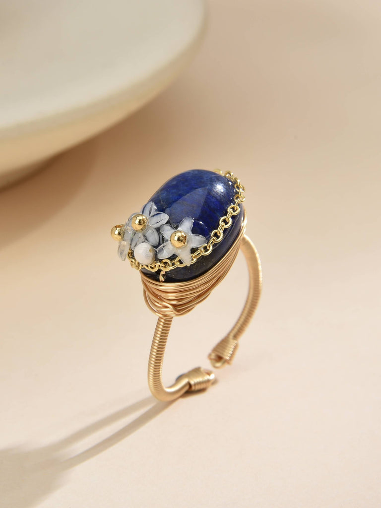 Ring with Blue Semi-Precious Stone and Flowers in 18k Gold Plated Brass-Rings-Baishangmei