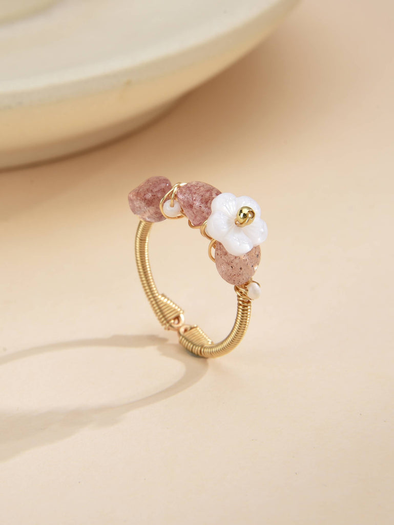 Ring with Details in Natural Stones and Flower in Brass with 18k Gold Plating-Rings-Baishangmei