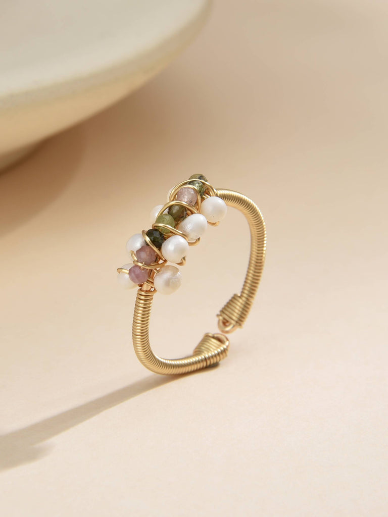 Ring with Details of Semi-Precious Stones and Pearls in Brass with 18k Gold Plating-Rings-Baishangmei