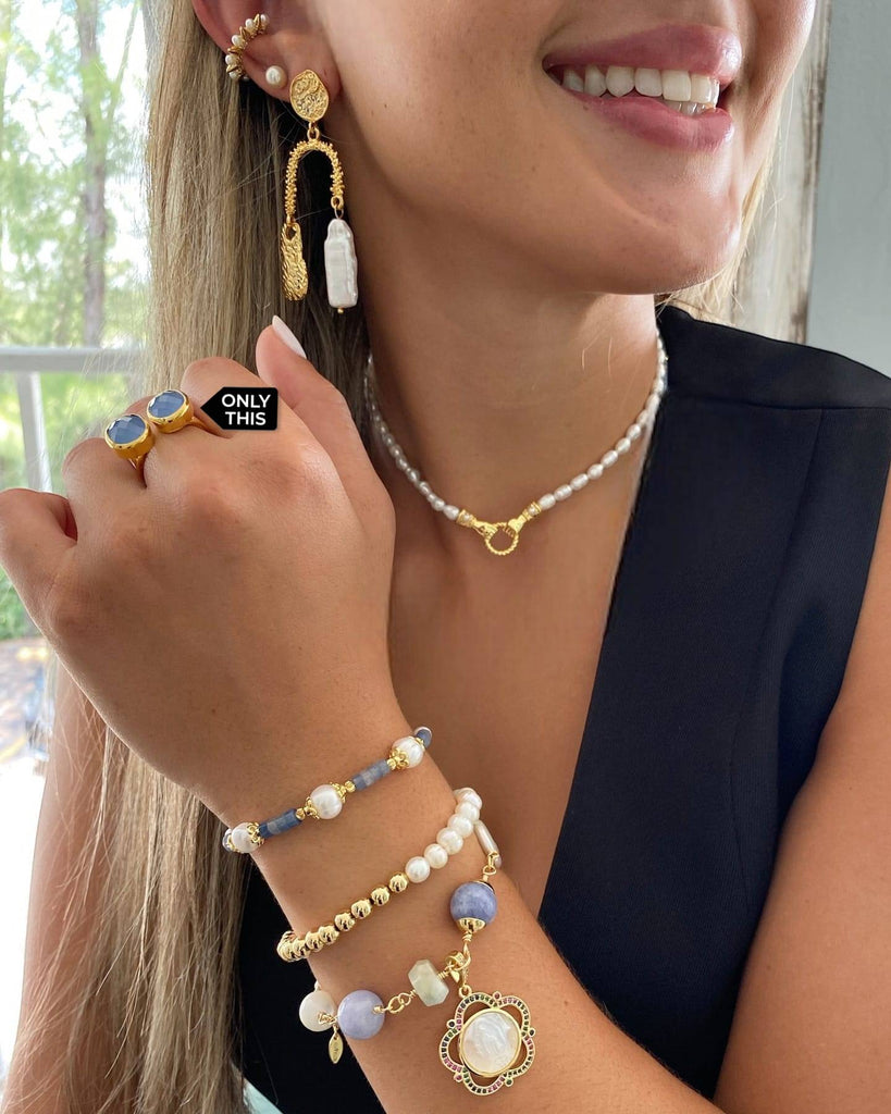 Ring with Double Blue Agate Stone with 24k Gold Plating-Rings-Vila veloni corp