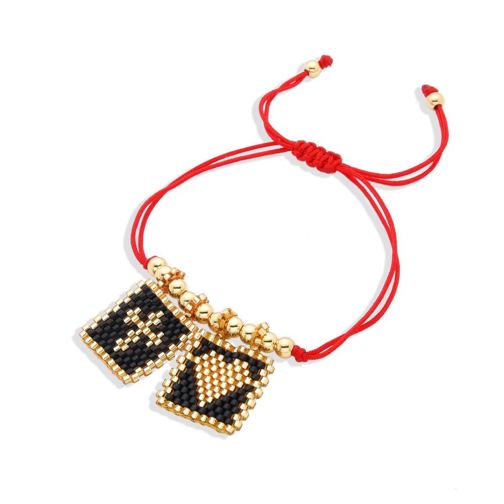 Romantic Twist: Red String Bracelet with Gold Miyuki Heart and Cross Charms-Bracelets-BOJO