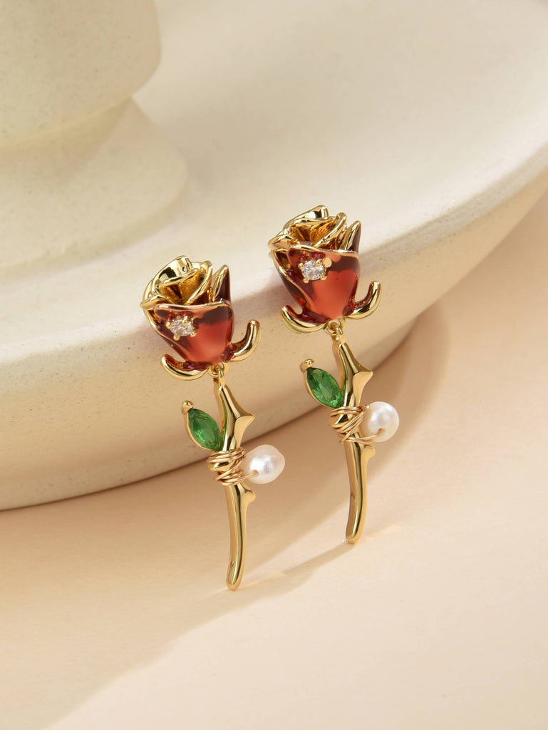 Rose Earrings with Pearl and Zirconia Details in Cooper with 18k Gold Plating-Earrings-OSA BEA