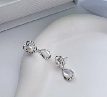 Rose Shaped Earrings with Pearl Pendant in 925 Silver-Earrings-GULI GULI