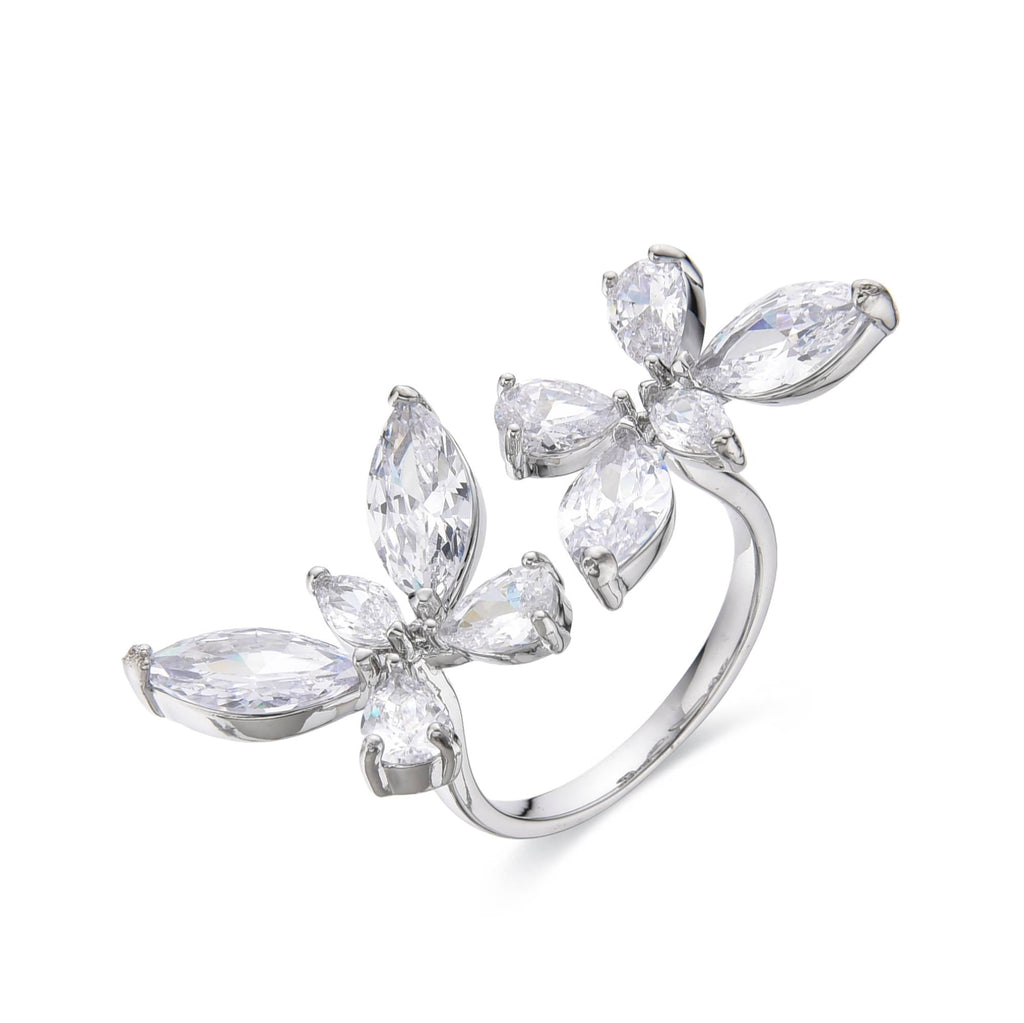 Silver Fashion Adjustable Ring with Carved Butterfly Design in Zircons.-Rings-ROMANE