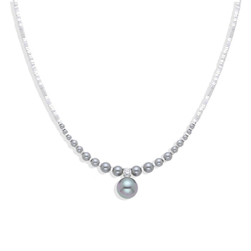 Silver Fashion Necklace with Dark Pearls and Faceted Zirconias-Necklaces-NEW WEI