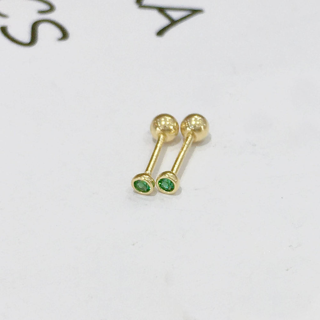 Small Round Piercing Style Earrings with Green Zirconia in 925 Silver and 18k Gold Plated-Earrings-GULI GULI