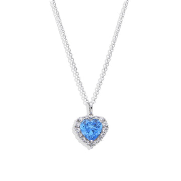 Sparkling Sterling Silver Heart Pendant Necklace with Blue Zirconia-Necklaces-NEW WEI