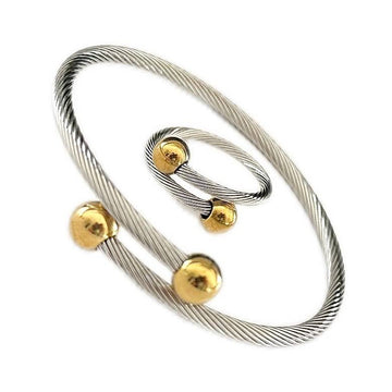 Stainless Steel Bracelet and Ring Set with Golden Spheres Design-Bracelets-NEW WEI