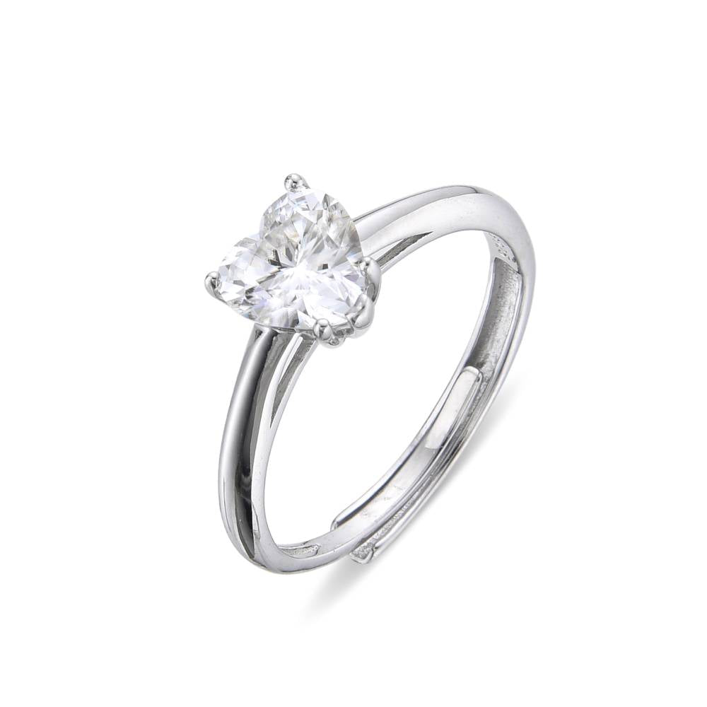 Sterling Silver Adjustable Heart-Shaped Zirconia Ring: Romantic Style.-Rings-GULI GULI