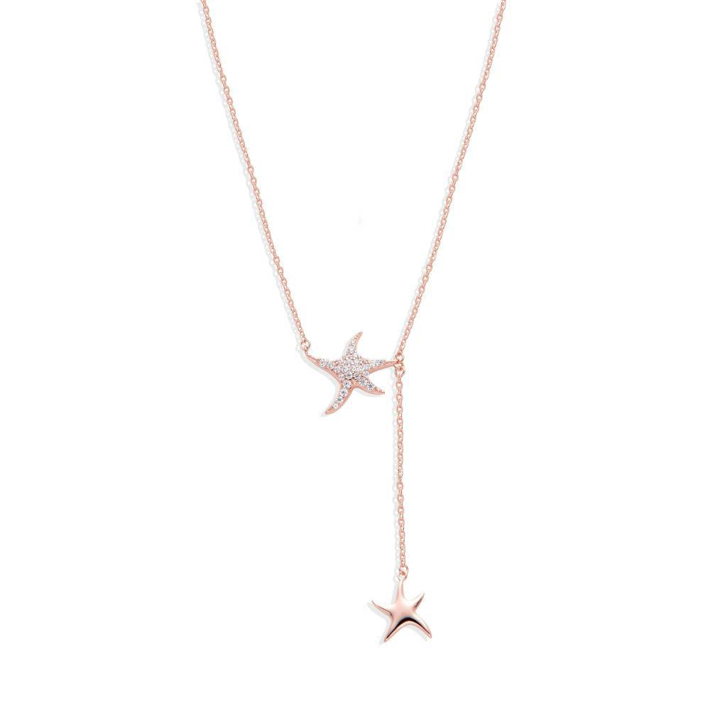 Sterling Silver Necklace Rose Gold Starfish Pendant Micro Zirconia-Necklaces-GULI GULI