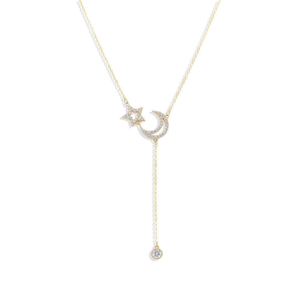 The Moonlight Sky: 18K Gold Plated 925 Sterling Silver Necklace with Moon and Star Pendants-Necklaces-GULI GULI