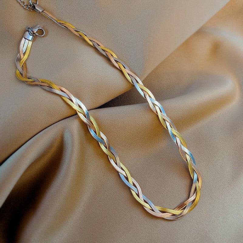 Tricolor Braided Link Necklace in Stainless Steel-Necklaces-CRK