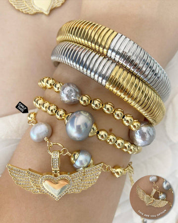 Twisted Bracelet with Mayorca pearls and Heart Pendant with Wings in brass with 18k plating-Bracelets-Vila veloni corp