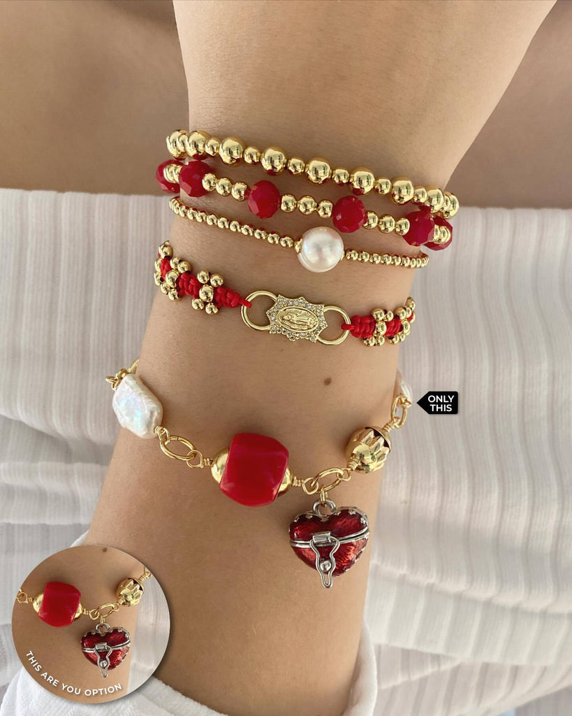 Twisted Coral and Cultured Pearl Necklace in Gold Filled with Semiprecious Stones and Heart Pendant with Clasp-Bracelets-Vila veloni corp