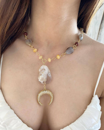 Necklace Made with Semiprecious Stones and Moon Pendant with Zirconia-Necklaces-Vila veloni corp