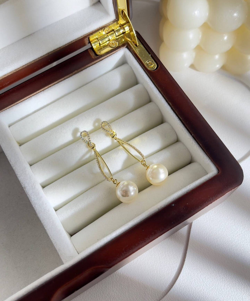 Earrings with Golden Pearl Pendant in 925 Silver 18k Gold Plated and Zirconia-Earrings-GULI GULI