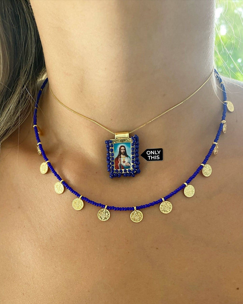 Religious Necklace with Jesus Pendant with Blue Crystals in Cooper and 18k Gold Plating-Necklaces-Guadalupe