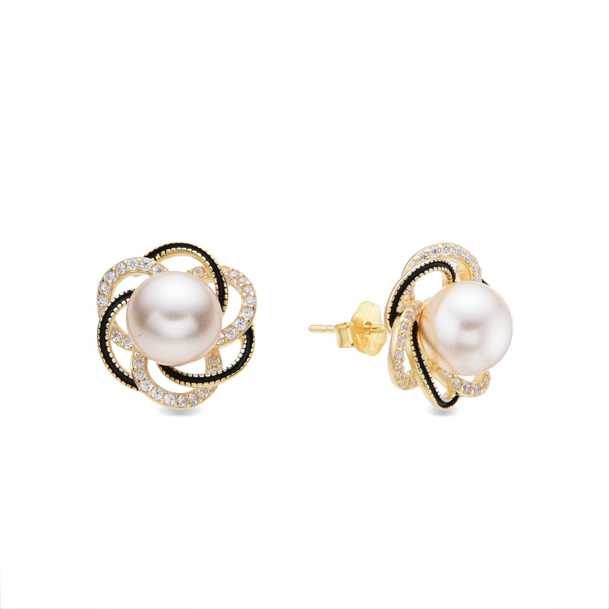 Gold-Plated 925 Sterling Silver Interlocking Pearl Stud Earrings