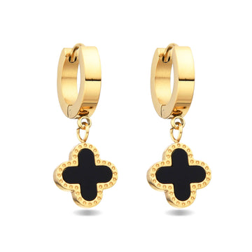 Huggie Earrings with Black Crystal Clover in 18k Gold Fashion-Earrings-NEW WEI