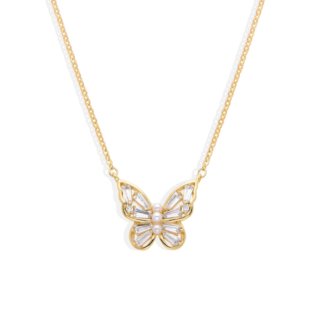 Butterfly Necklace in 18k Gold Plated 925 Sterling Silver with Zircons and Pearls-Necklaces-GULI GULI